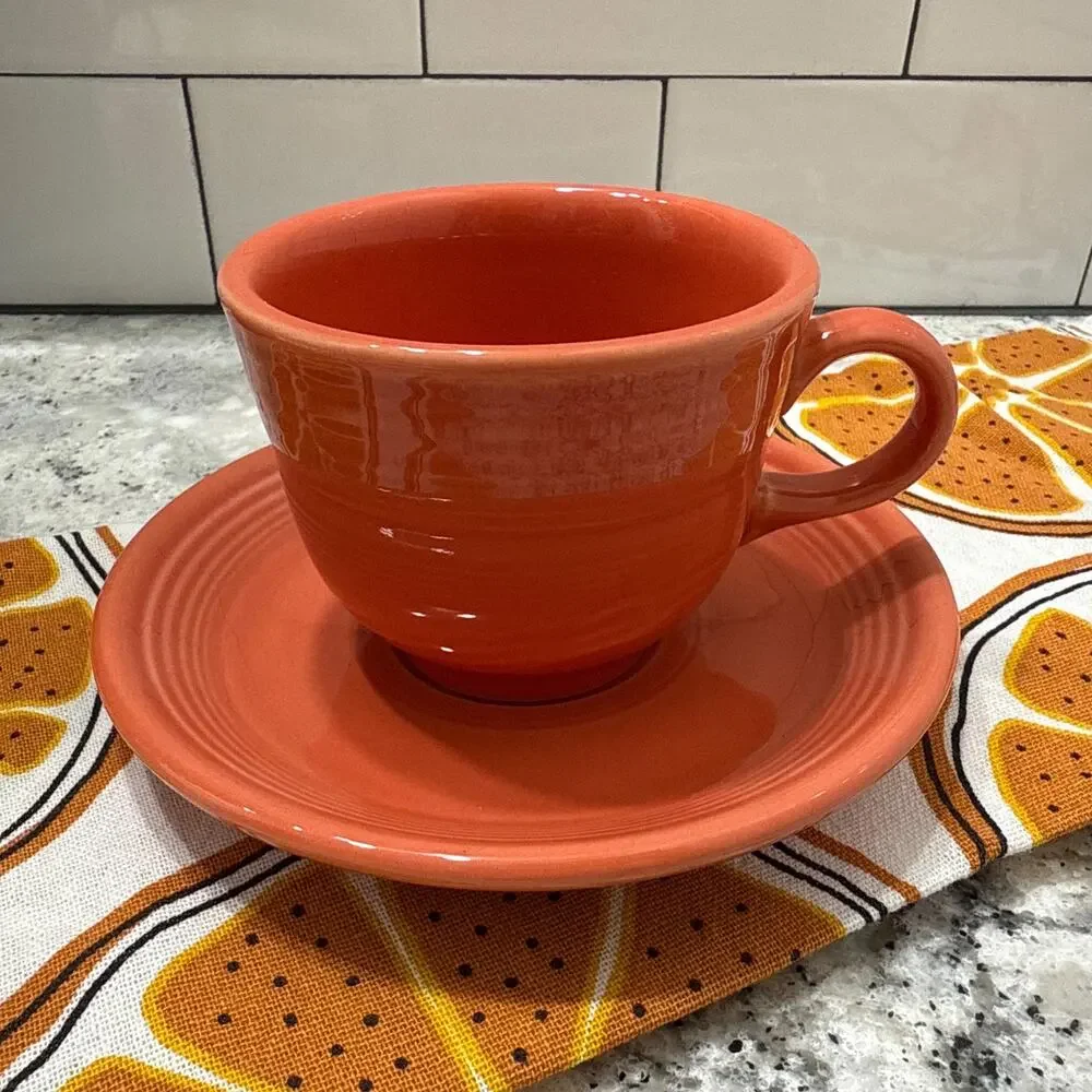 Vintage Fiesta Teacup & Saucer in Persimmon – Homer Laughlin Ceramic Made in USA